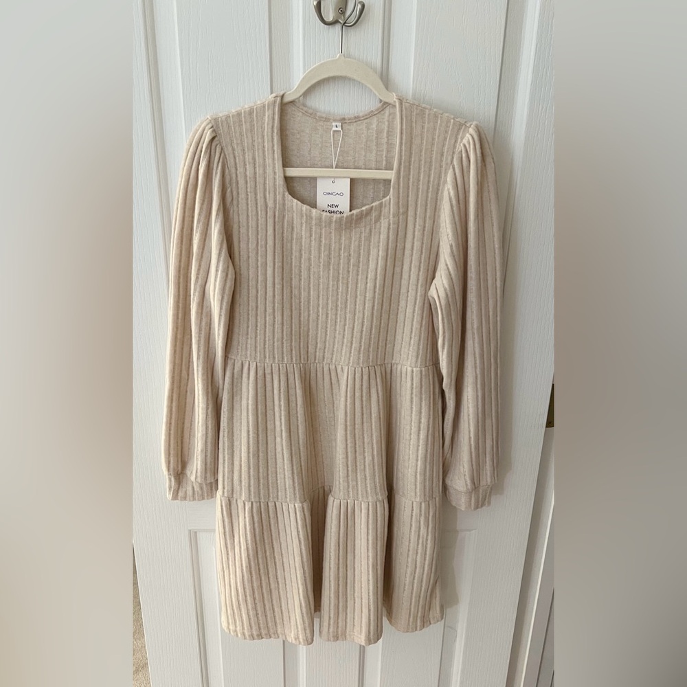 Beige Ribbed Long Sleeve Dress
